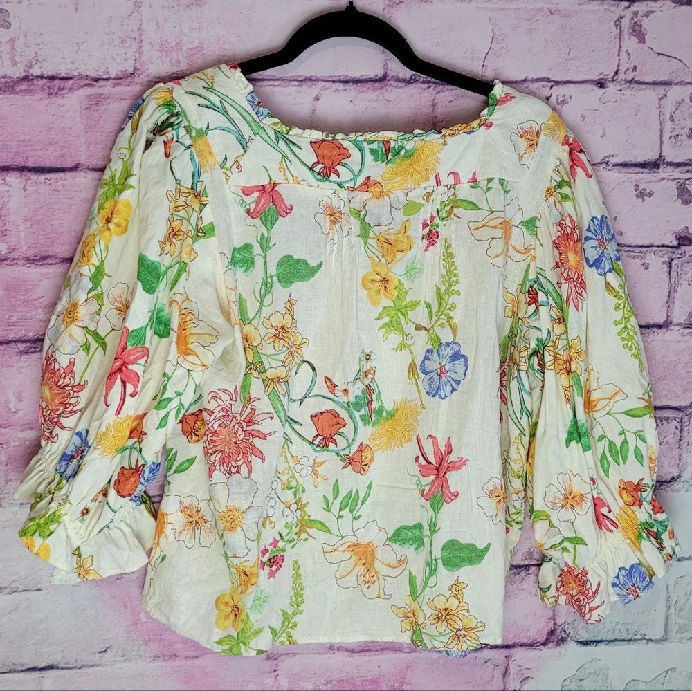 LAURA ASHELY LINEN BLEND BUTTON FRONT FLORAL PRINTED PUFF SLEEVE BOHO BLOUSE L - Picture 2 of 12